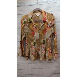 Allison Daley Beige Crinkle Accordion Top Bell Sleeve Floral Sz XL Button Up